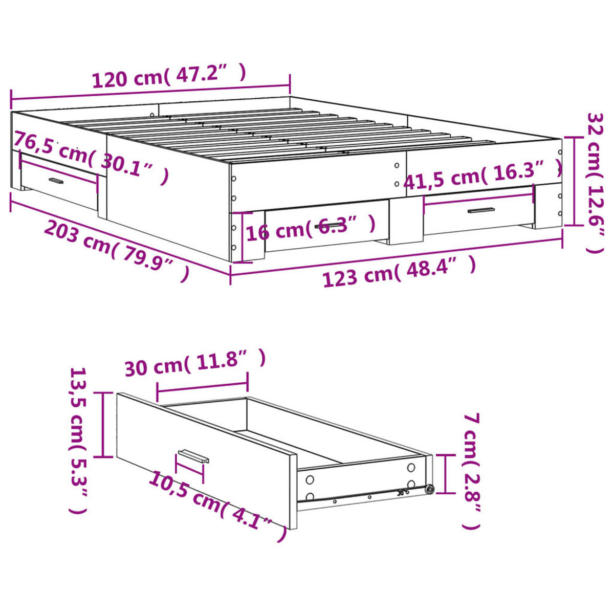BETTGESTELL Mit Schubladen Weiss 120/200 Cm Holzwerkstoff - Weiß, Holzwerkstoff (120/200cm) - vidaXL