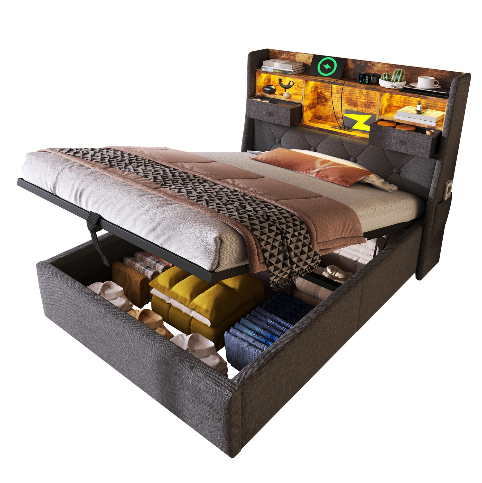 POLSTERBETT 90/200 cm grau aus Leinen mit LED, Stauraum und Matratze - Grau, Textil (90/200cm) - OKWISH