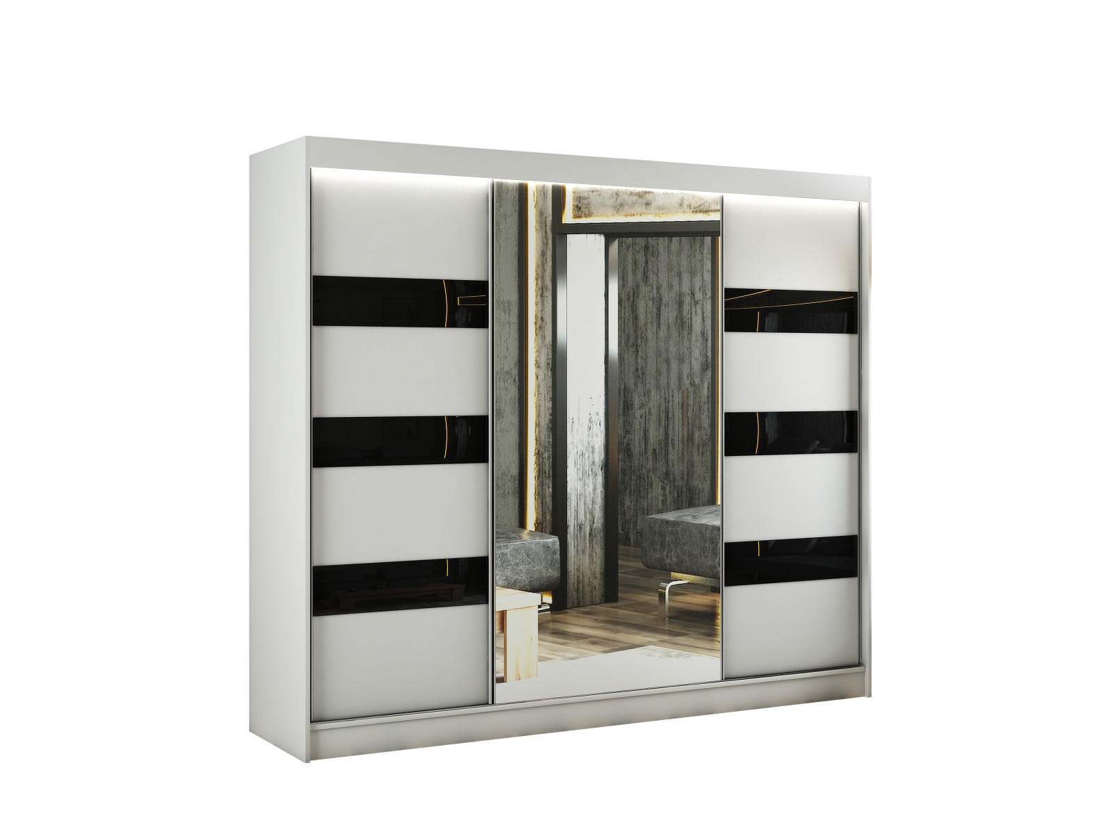 KLEIDERSCHRANK mit Spiegel und Schiebetüren LOSTE - 250 cm Weiß|Schwarz - Schwarz/Weiß, Holzwerkstoff (250/215/61cm) - ALTDECOR