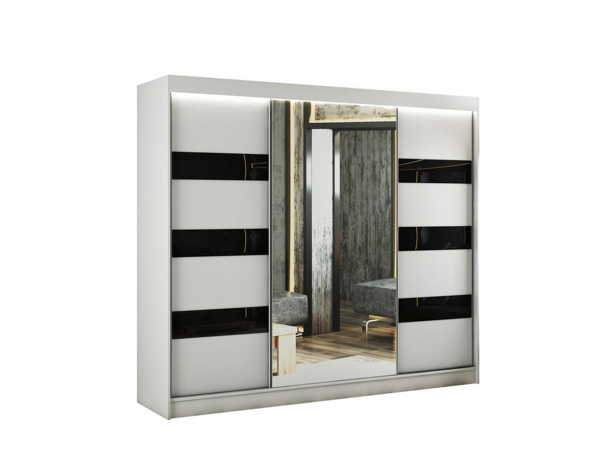 KLEIDERSCHRANK mit LED, Spiegel und Schiebetüre LOSTE - 250 cm Weiß|Schwarz - Schwarz/Weiß, Holzwerkstoff (250/215/61cm) - ALTDECOR