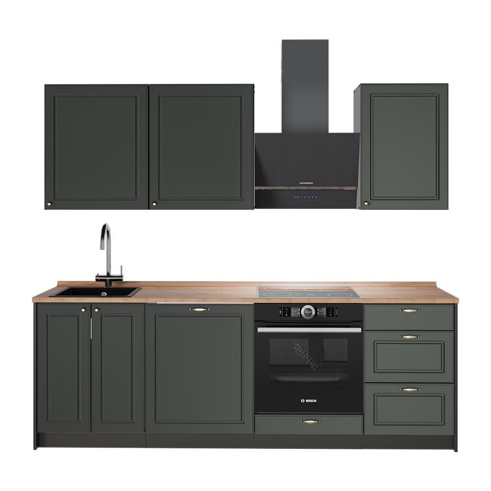 KÜCHENZEILE Fame-Line, Grün-Gold Landhaus/Anthrazit, 230 cm, AP Eiche - Anthrazit/Grün, Holzwerkstoff (230/82/60cm) - Vicco