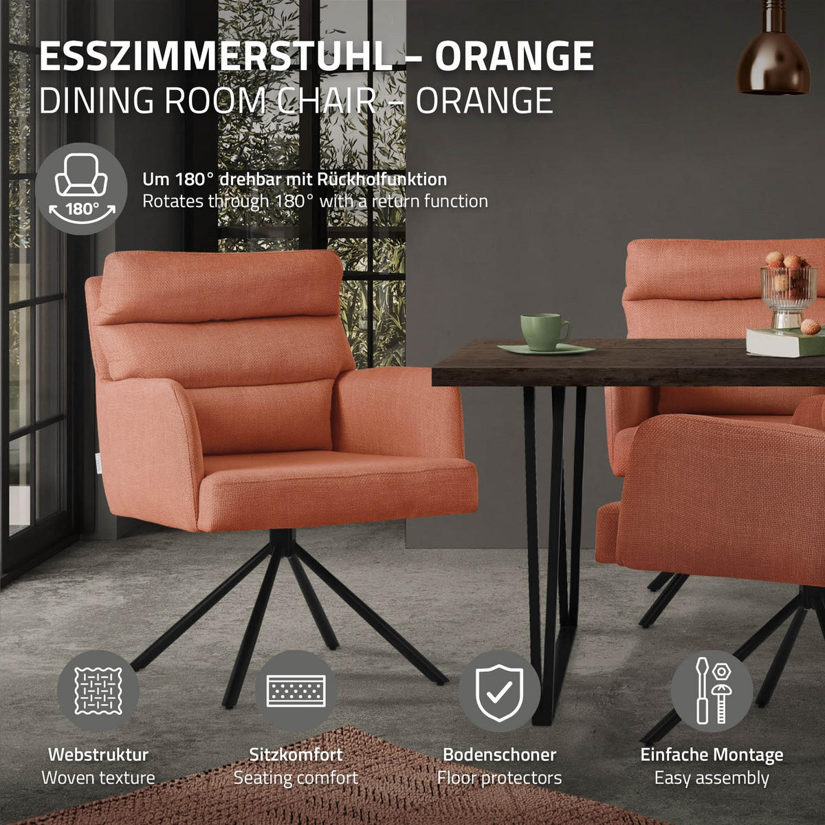 ESSZIMMERSTUHL drehbar Orange Stoffbezug - Schwarz/Orange, Textil/Metall (64.5/93/64cm) - ML-DESIGN