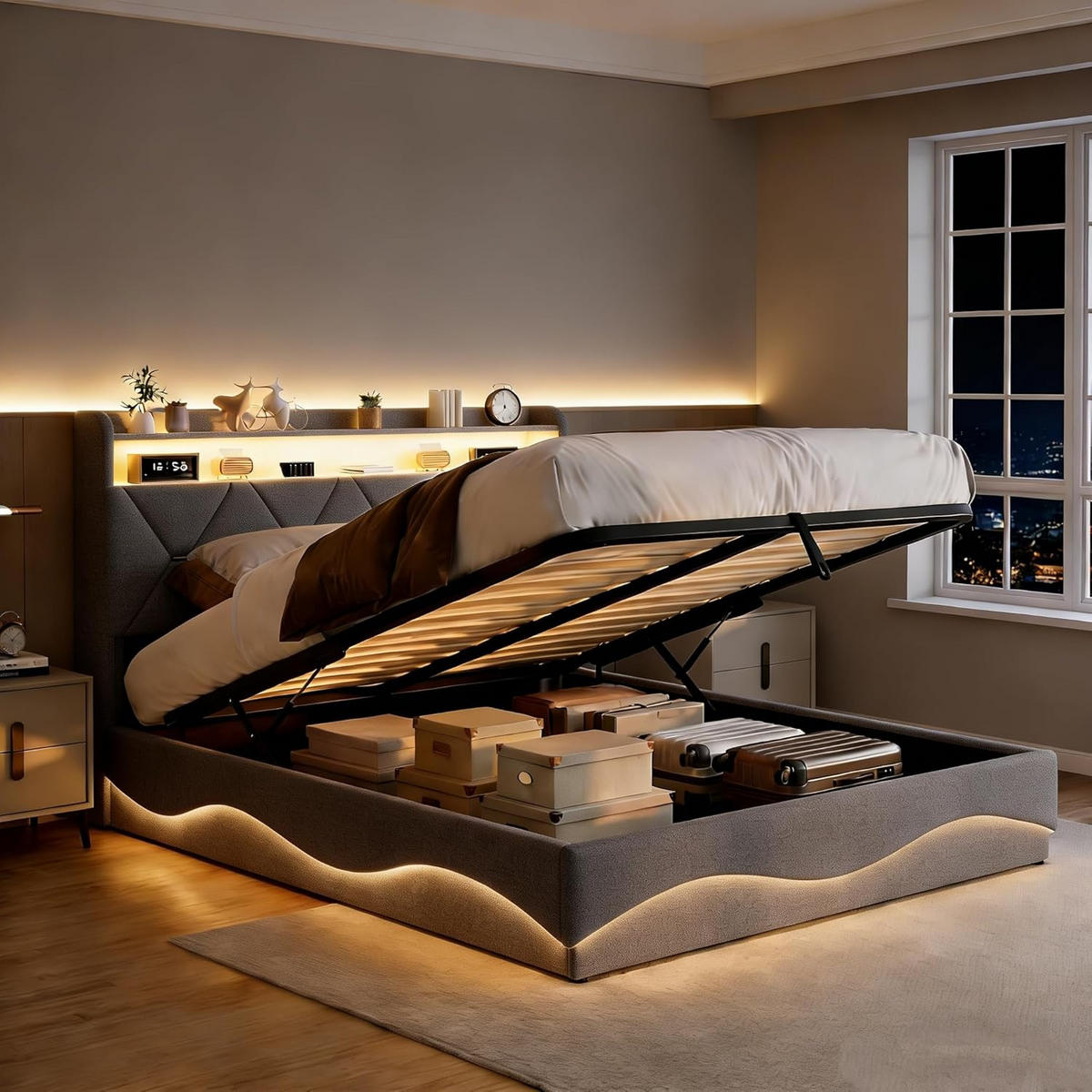 POLSTERBETT 160x200 cm Grau, Doppelbett mit Bettkasten, LED und USB-Anschluss - Grau, Holz/Metall (160/200cm) - PARAFTA HOME