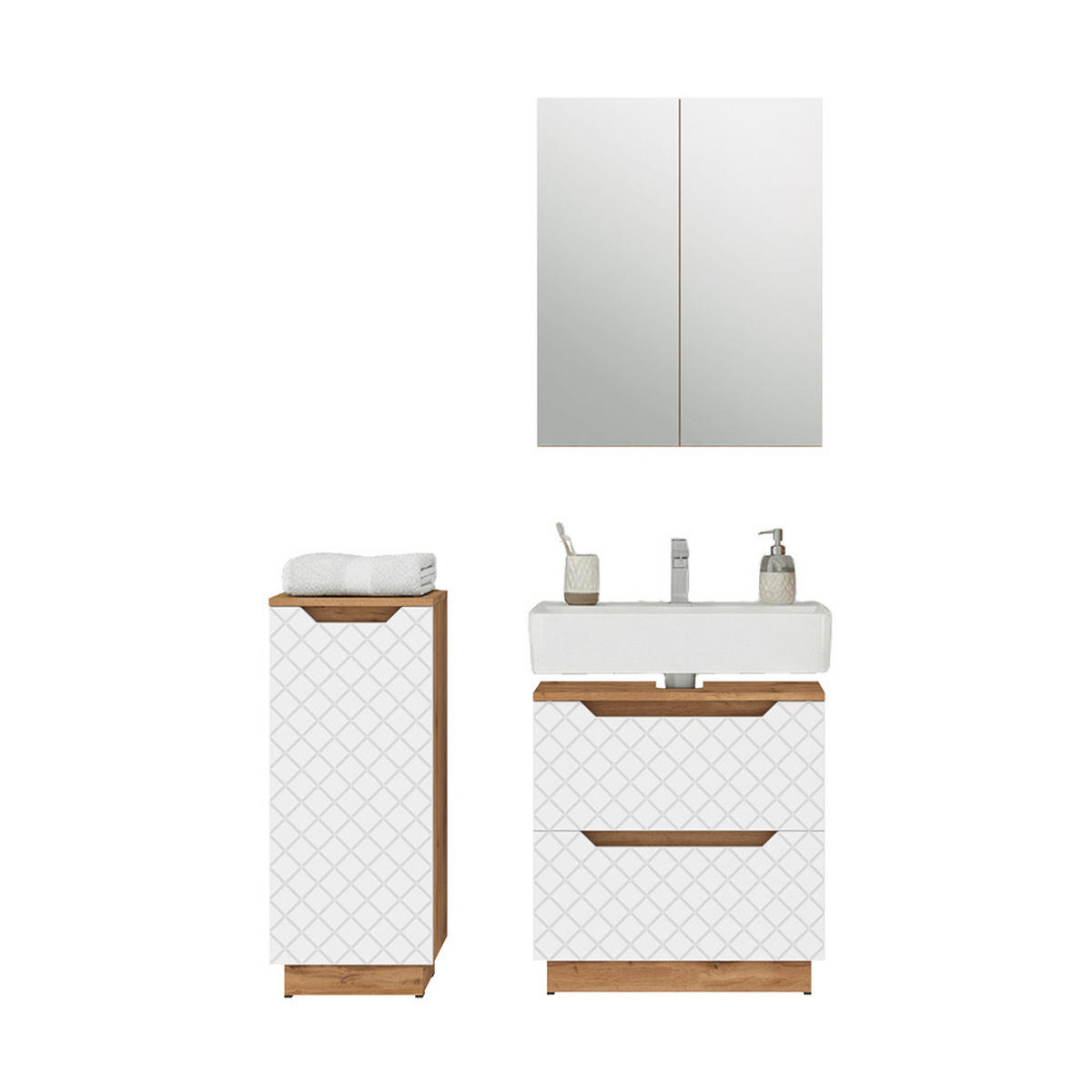 BADMÖBEL-SET Lotta Eiche/Weiß mit Kachelstruktur 3 Teile - Weiß, Holzwerkstoff (59.8/62.5/32cm) - Vicco