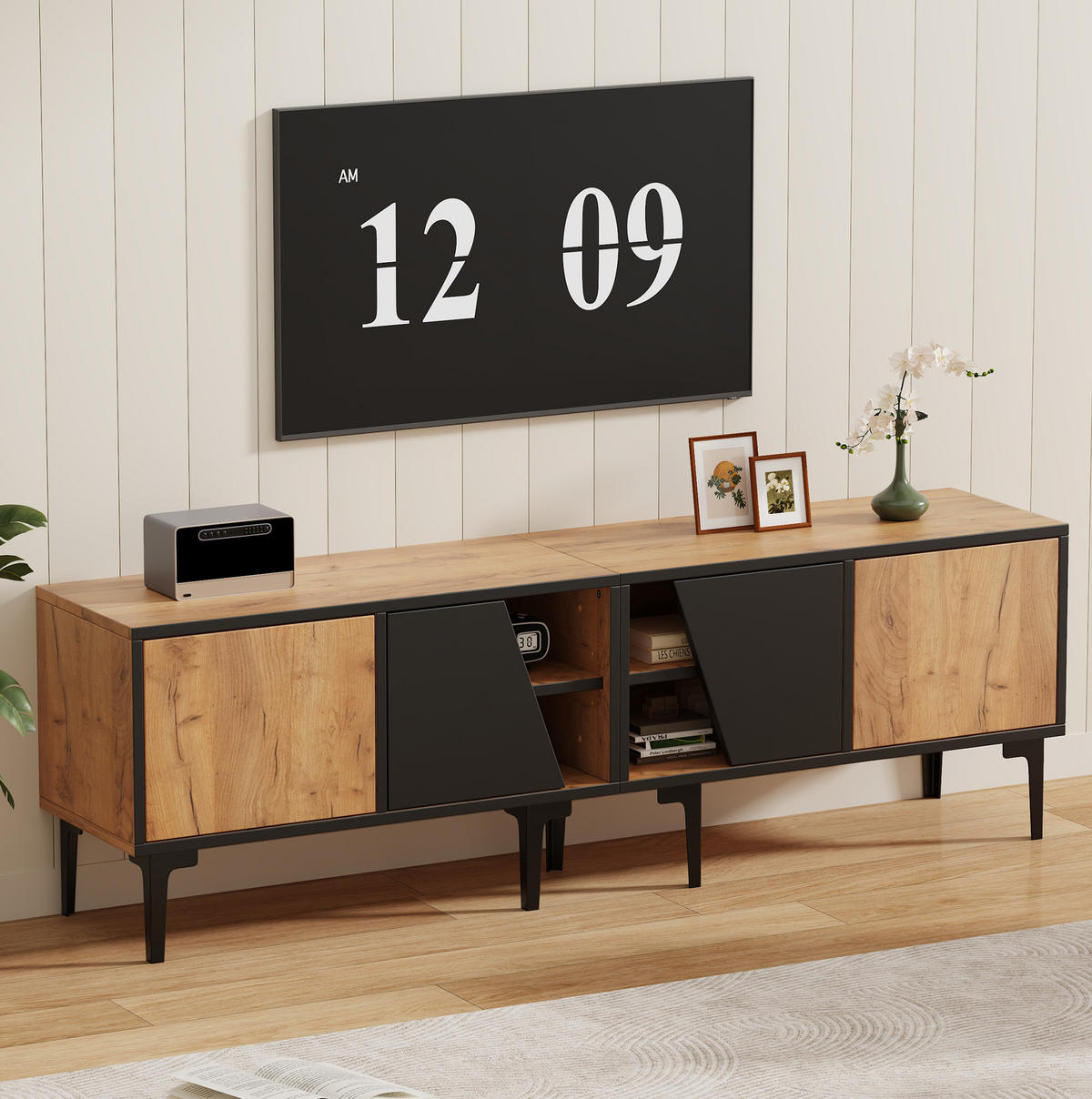 TV ormarić od iverice 160x36,5x45 cm prirodna boja i crna s 4 pretinca i 7 PVC nogu, za TV do 65" - svijetlo smeđa, drvni materijal (160/45/36.5cm) - Modfu