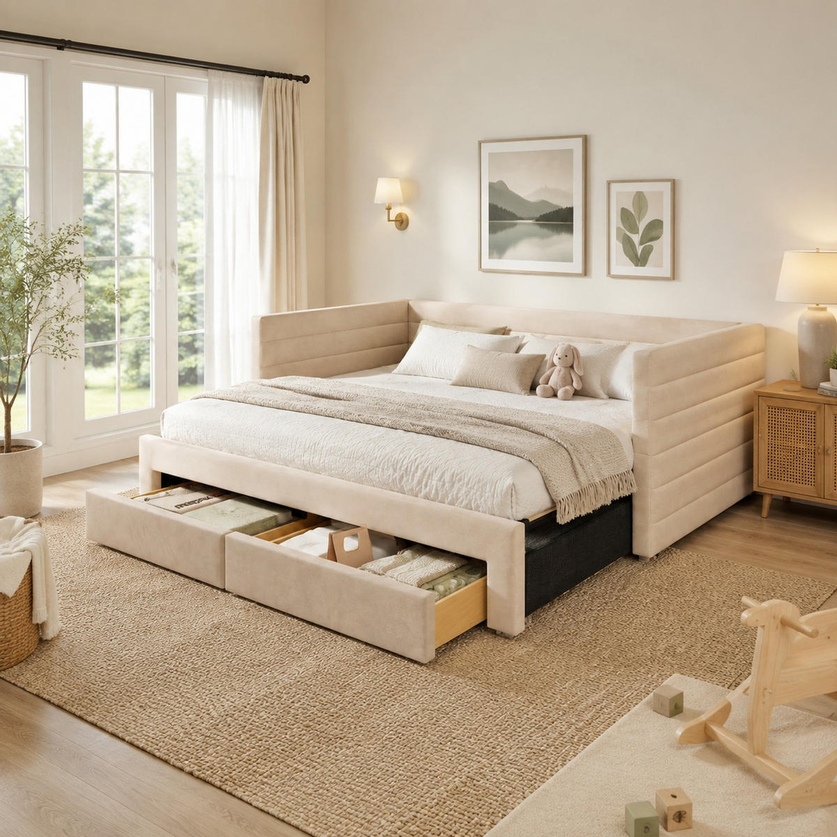 POLSTERBETT 90/190 mit Ausziehfunktion, 2 Schubladen und Lattenrost aus Baumwolle-Leinen in Beige - Beige, Holzwerkstoff/Textil (90/190cm) - EVRYAE