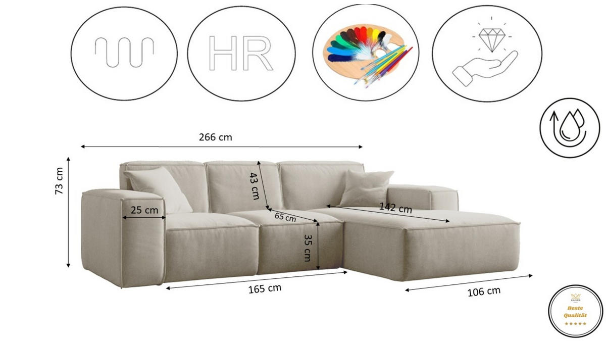 ECKSOFA L-Form Siena Stoff Salvador Ecru Rechts - Ecru, Holz (266/165cm) - Kaiser Möbel