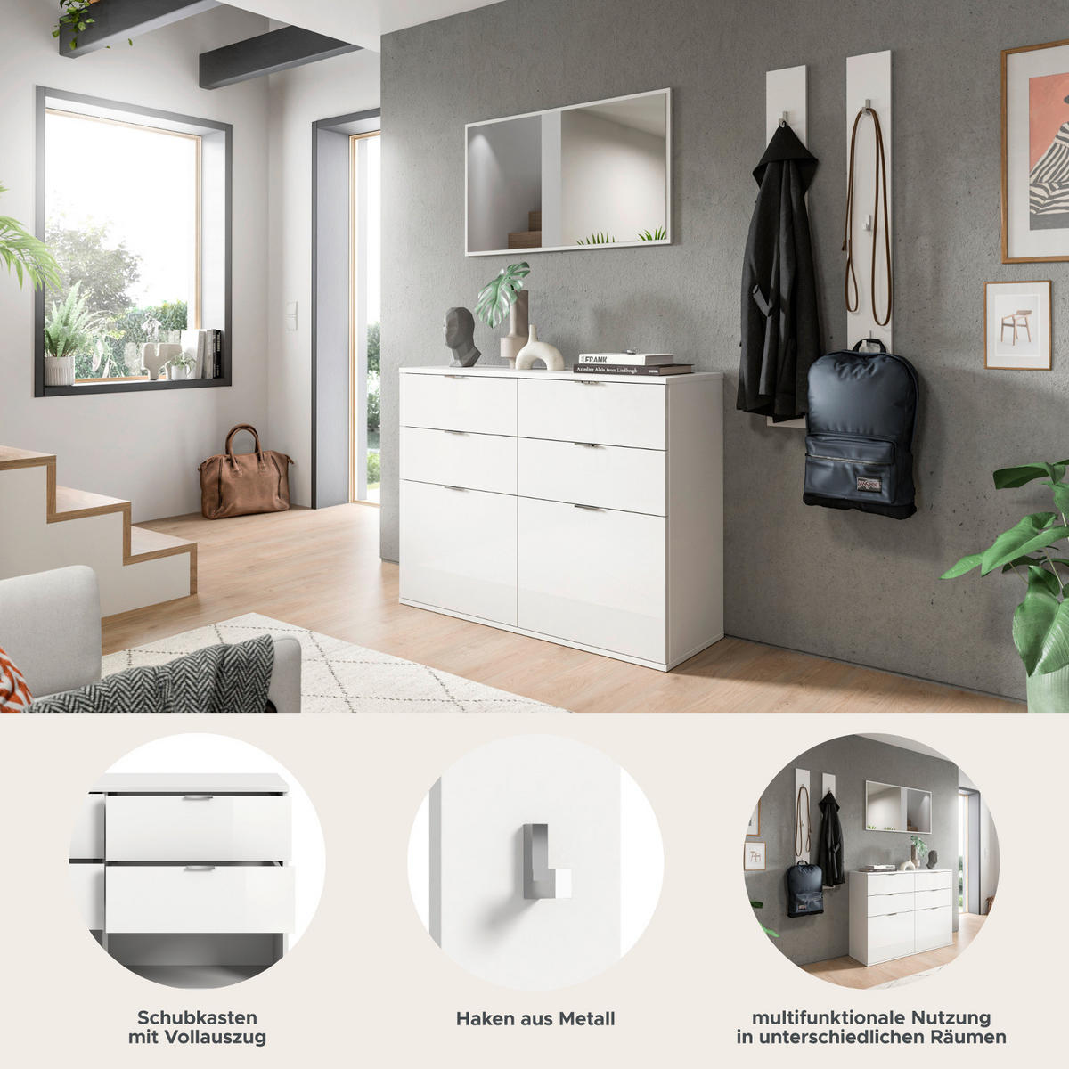 GARDEROBE Set 4-teilig weiß Hochglanz 166 cm, Komplettset mit 6 Kleiderhaken - Chromfarben/Weiß Hochglanz, Glas/Holzwerkstoff (166/193/37cm) - Inn.Furn