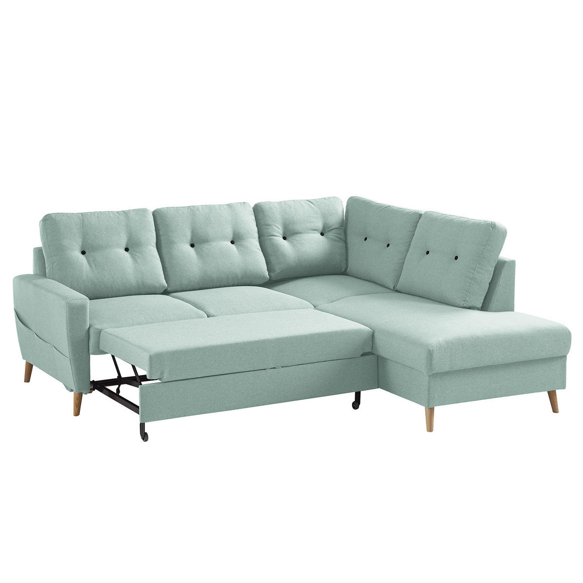 ECKSOFA mit Ottomane - Webstoff - Hellbraun/Mintgrün, Holz/Textil (230/200cm) - home24