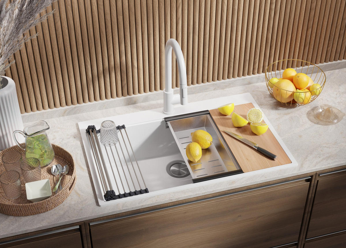 SPÜLBECKEN Oslo, 2-er set Weiß 78/50 cm 1 Becken + Ablauf-Set + Schneidebrett ab 80er Unterschrank - Chromfarben/Beige, Kunststoff (78/20/50cm) - Primagran