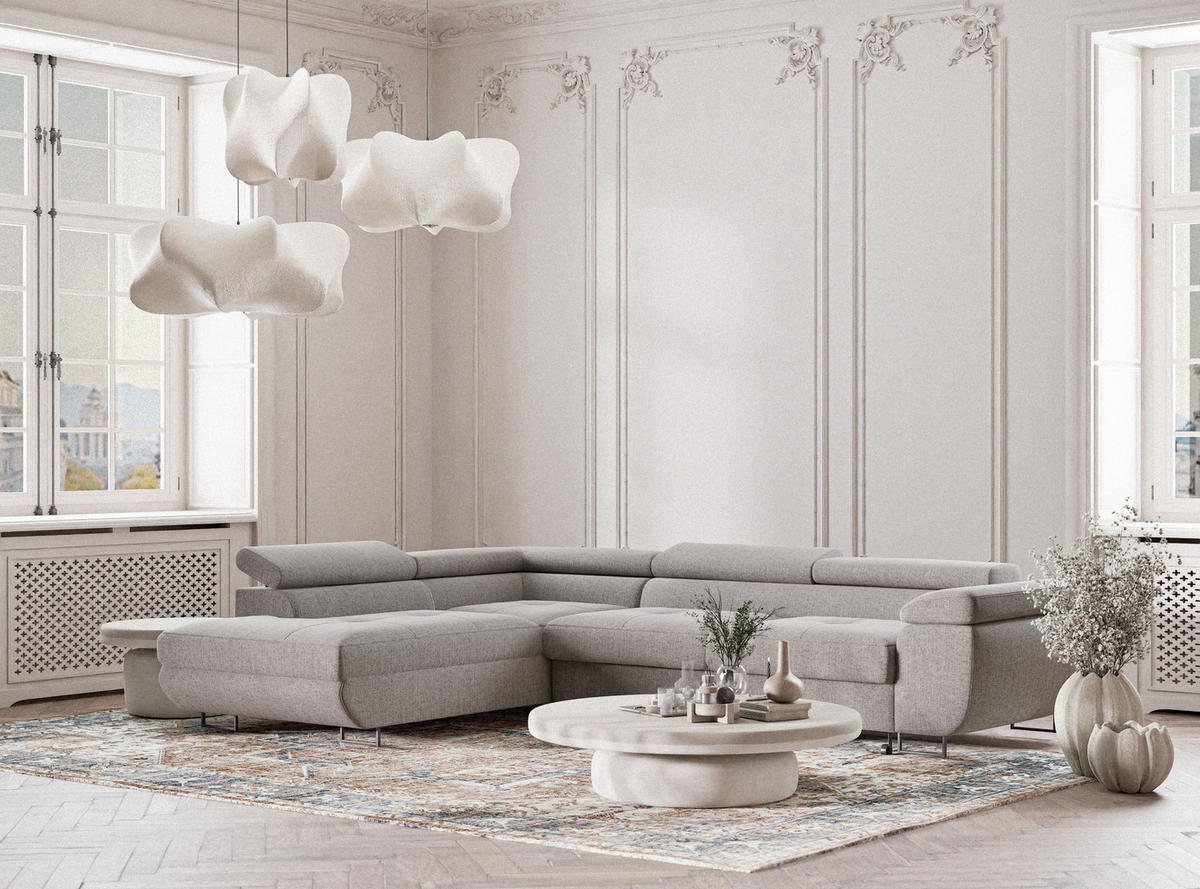 ECKSOFA Concord Beige grau Webstoff - Links Seite - Greige/Schwarz, Holz/Holzwerkstoff (203/277cm) - Maison de Reve