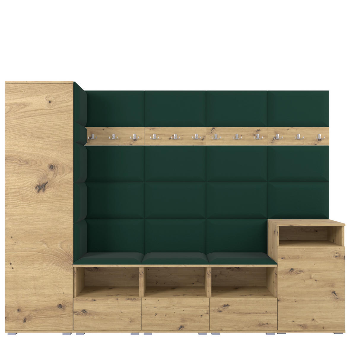 GARDEROBE NELA XI 250 cm (Modulare Flurmöbel Artisan Eiche mit Sitzpolster Flaschengrün 28 Großes Set) - Dunkelgrün/Silberfarben, Holz/Holzwerkstoff (250/187/40cm) - Ravio