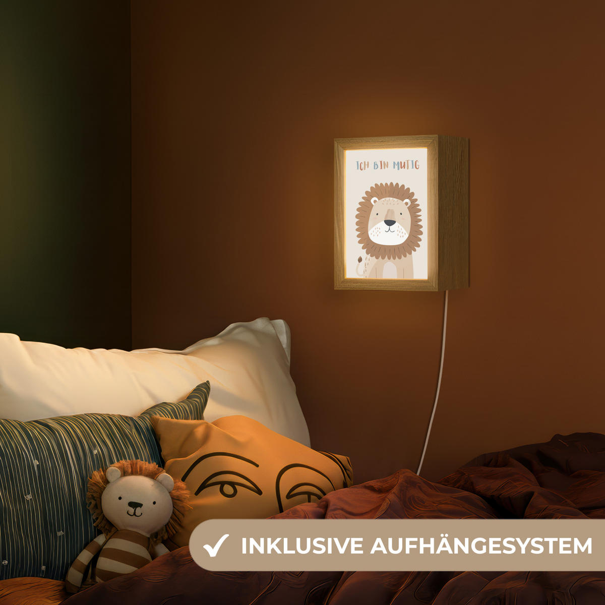 NACHTTISCHLAMPE Löwe - Beige - Tier - Mutig - Zitat 15x20 cm - Beige, Holzwerkstoff (8/15/20cm)