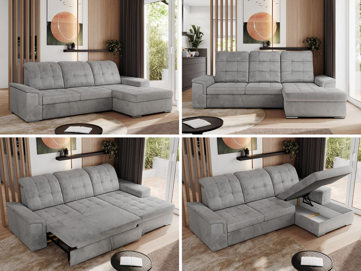 ECKSOFA MADRITO L - Hellgrau Velorus - Rechts - Silberfarben/Hellgrau, Textil/Metall (256/160cm)