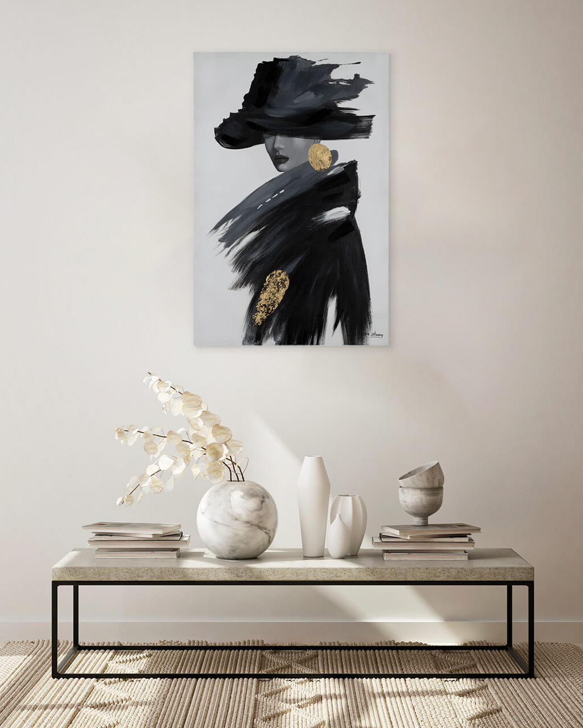 RUČNE MAĽOVANÝ AKRYLOVÝ OBRAZ 60/90 cm, čierny, abstraktný geometrický motív - čierna, drevo/textil (60/90cm) - KUNSTLOFT