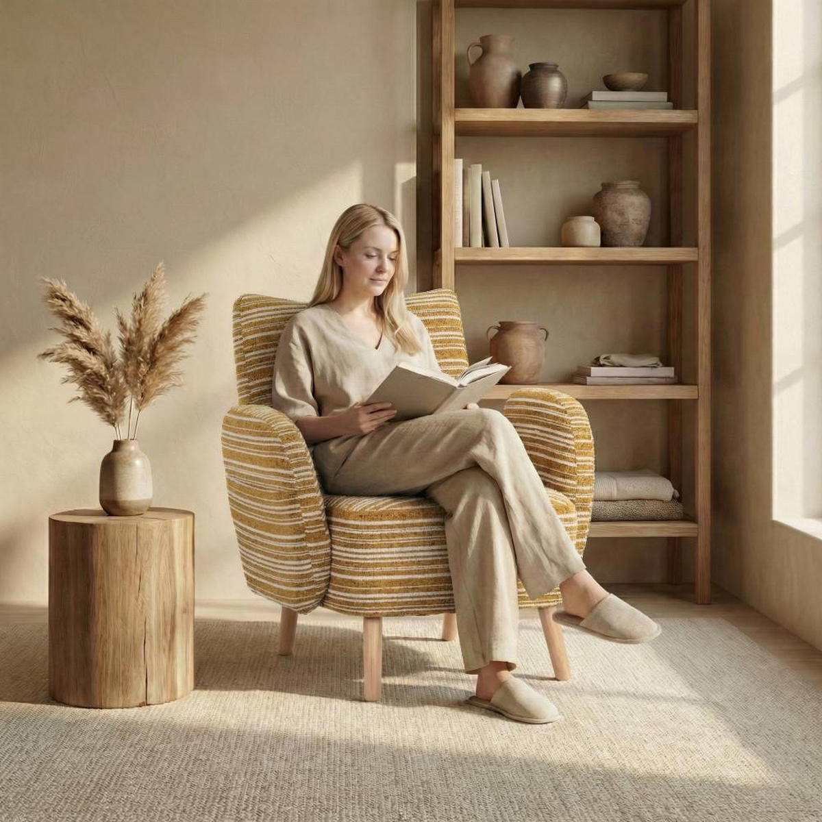 RELAXSESSEL Einzelsessel,Seitentaschen, Massivholz,Bouclé,Gelb - Gelb, Textil (77/87/81cm) - LVHOM