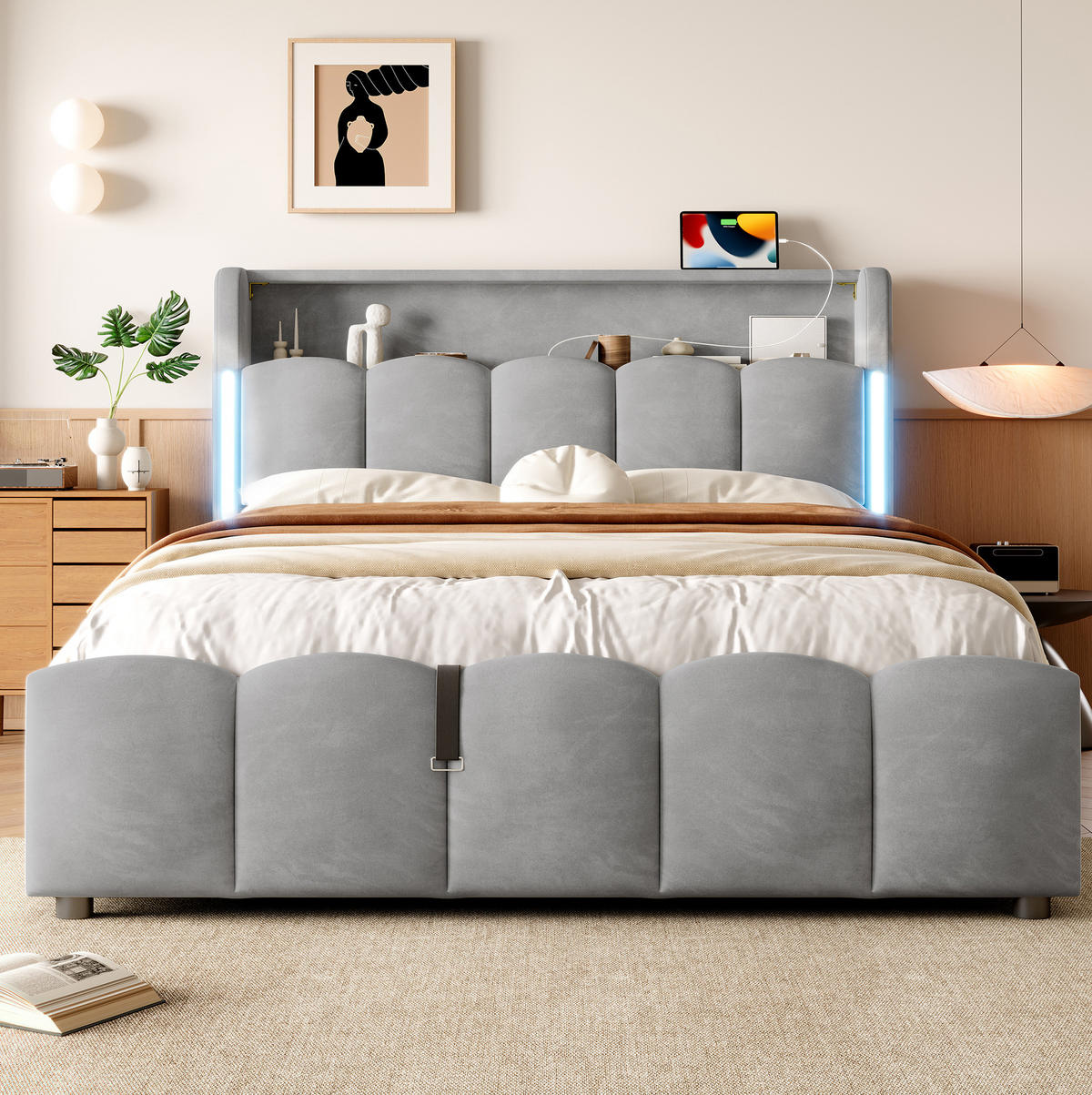 POLSTERBETT mit Stauraum und LED 140x200 cm Samt Grau - Grau, Metall (140/200cm) - Meubliv