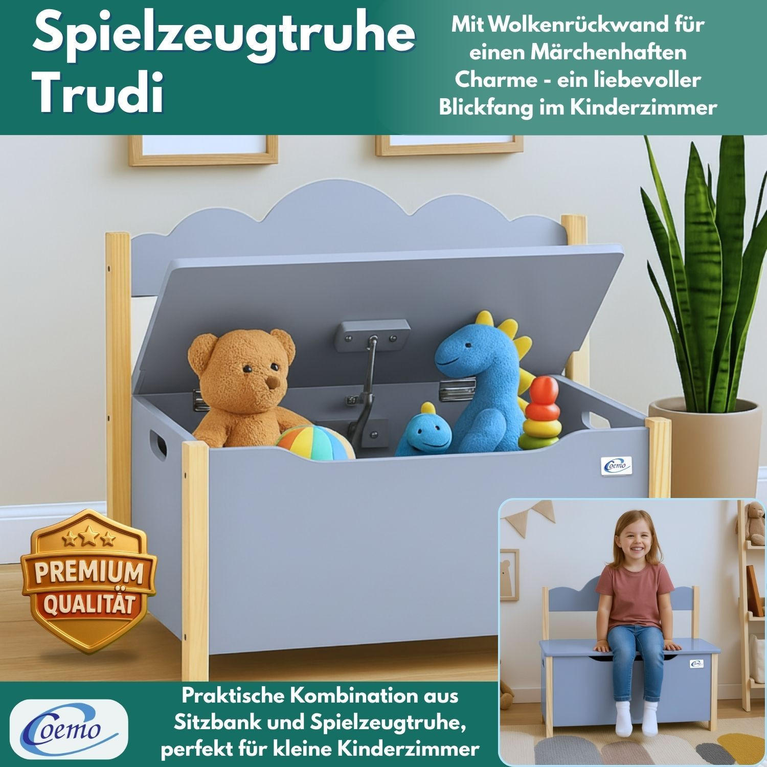 KINDERSITZBANK TRUDI Spielzeugtruhe in Grau - Grau, Holzwerkstoff (26/55/60cm) - Coemo