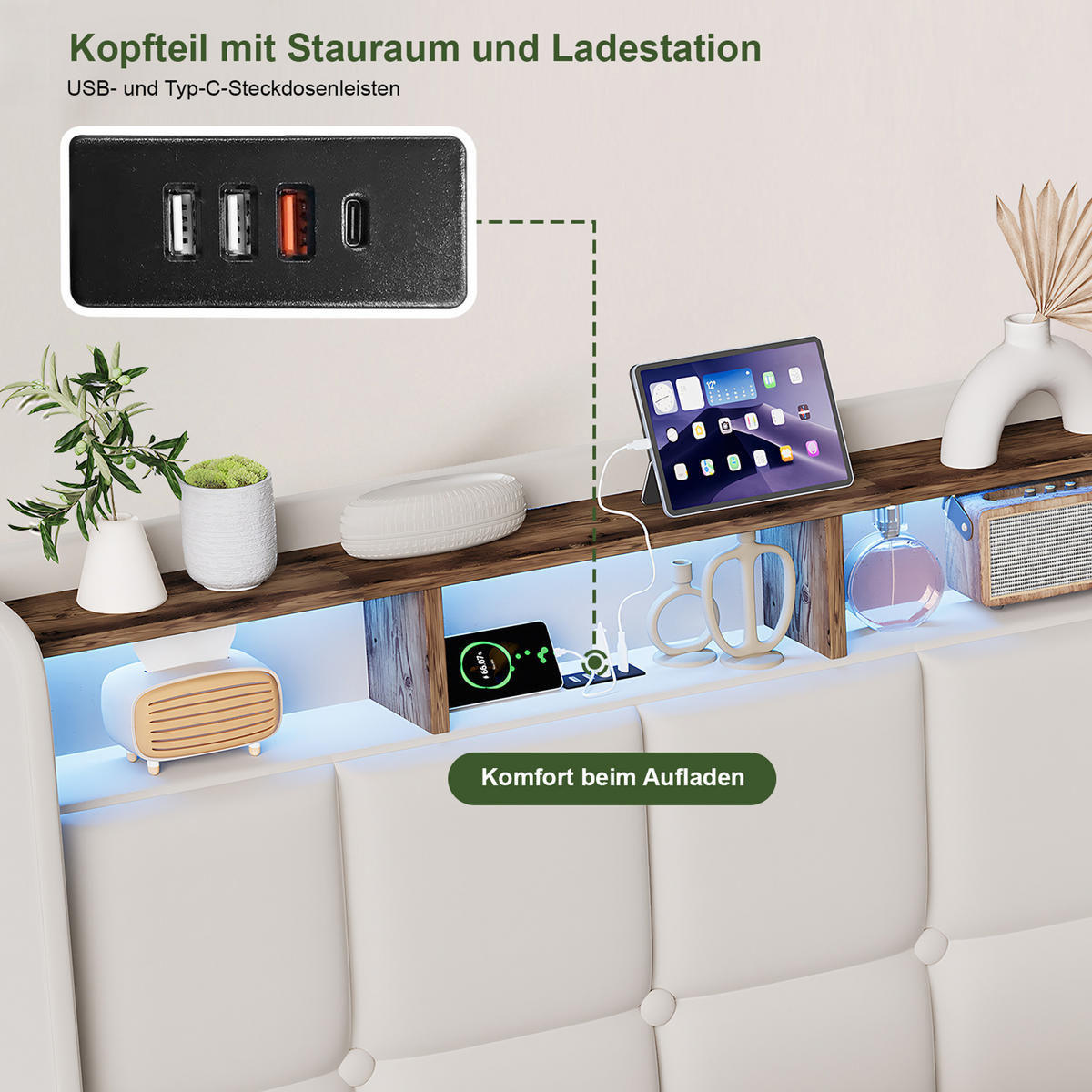 POLSTERBETT 140x200 cm Beige mit LED Beleuchtung, Kopfteil mit Stauraum und USB/Type-C, hydraulisches Stauraumbett - Beige, Metall (140/200cm) - EuroLiving