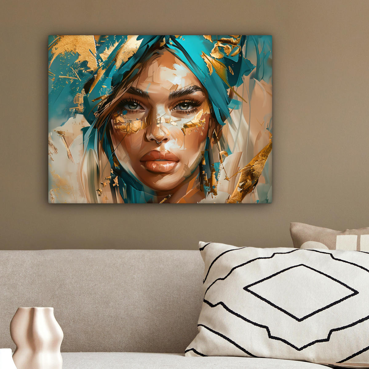 LEINWANDBILD - Frau - Porträt - Gold - Luxus - Blau - 40x30 - Wanddeko - Türkis, Textil (40/30cm) - MuchoWow