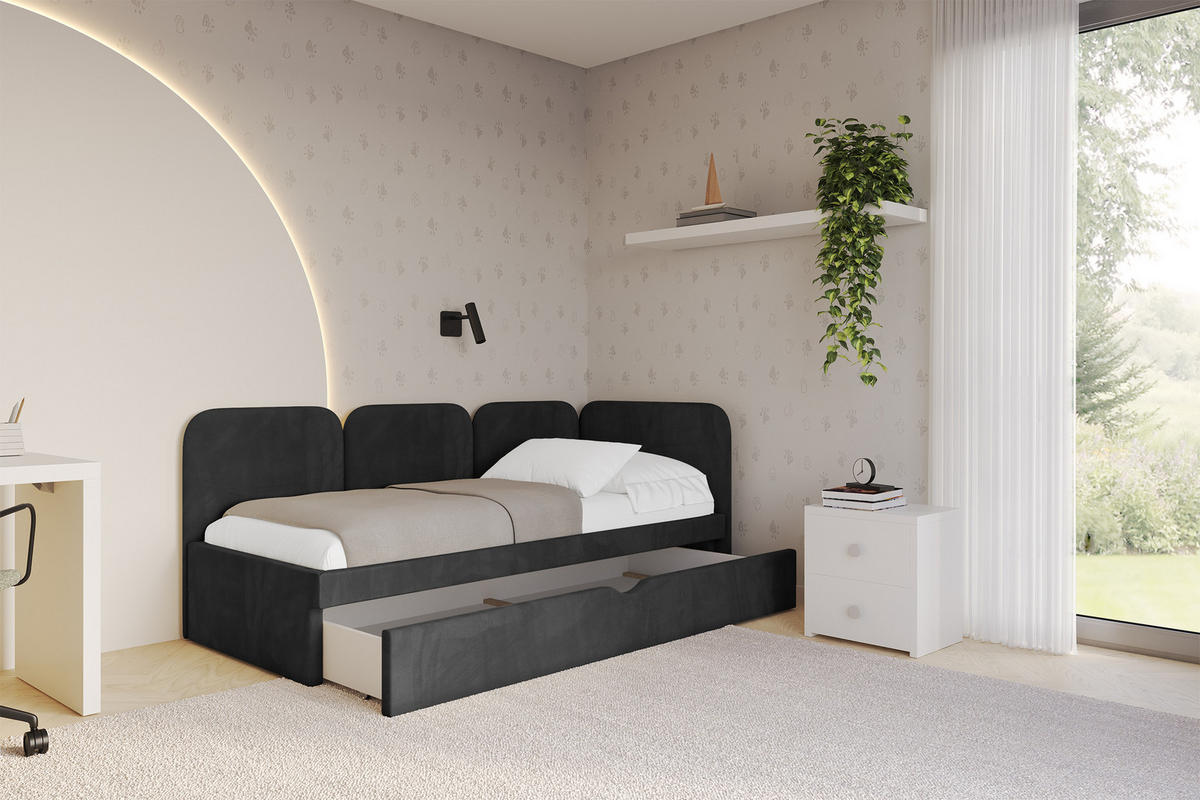 EINZELLBETT Jugendbett mit Bettkasten, Links - ALVY 100x200 Schwarz - Schwarz, Holzwerkstoff/Textil (100/200cm) - ALTDECOR