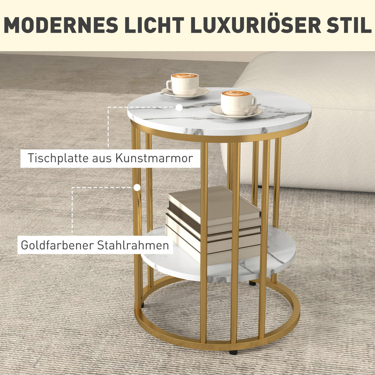 COUCHTISCH rund 2er Set mit Ablage, Weiß - Weiß, Holzwerkstoff (45/45/55cm) - HOMCOM