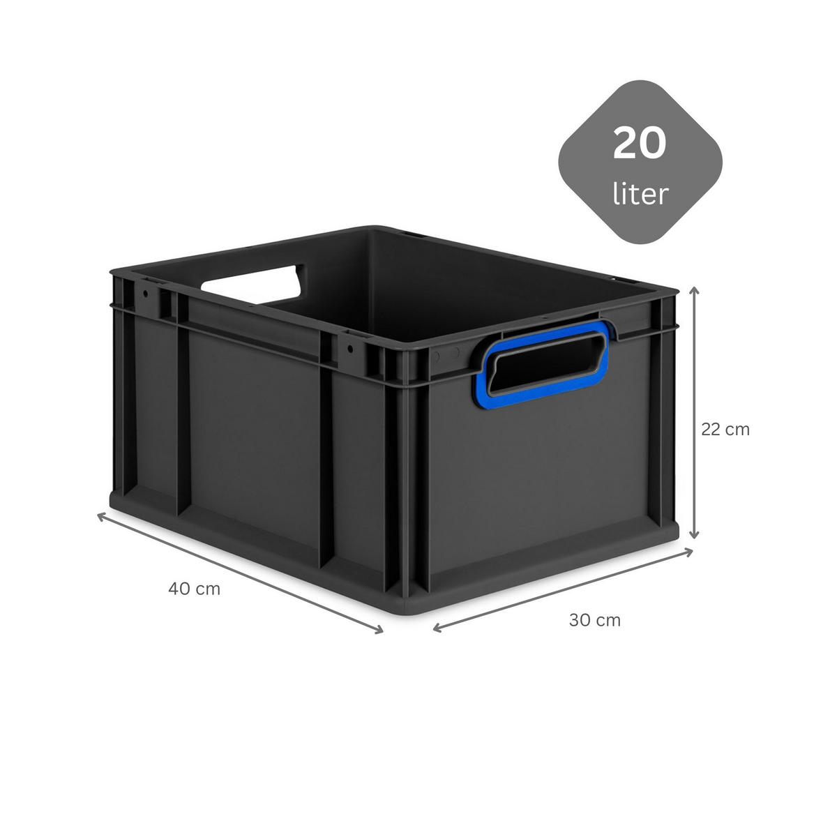 EUROBOX NextGen Color 22x30x40 cm 20 Liter Griffe blau offen, Schwarz - Blau/Schwarz, Kunststoff (30/22/40cm) - PROREGAL