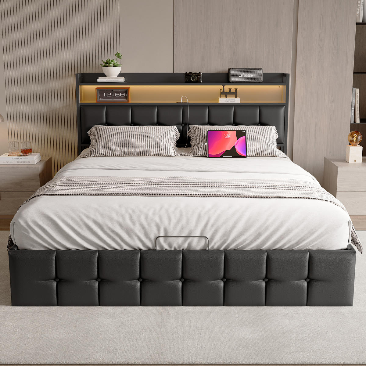 POLSTERBETT 160x200 cm, Schwarz, LED-Beleuchtung, Kunstleder - Schwarz, Textil/Metall (140/200cm)