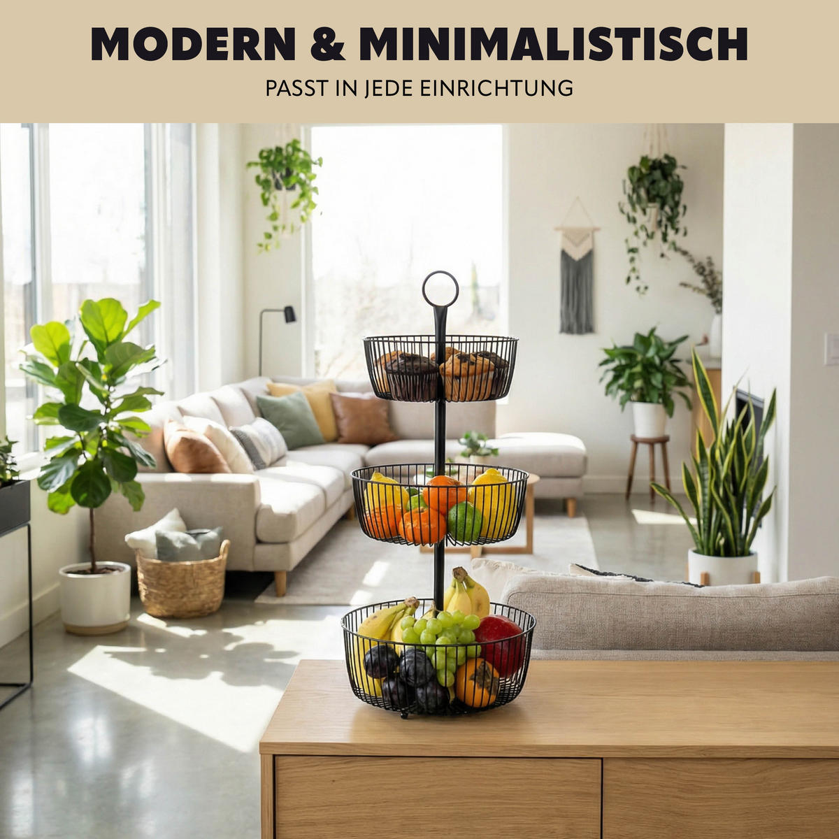 OBSTETAGERE, 3-stöckig, rund, Metall, Schwarz - Schwarz, Metall (63.5cm) - eluno