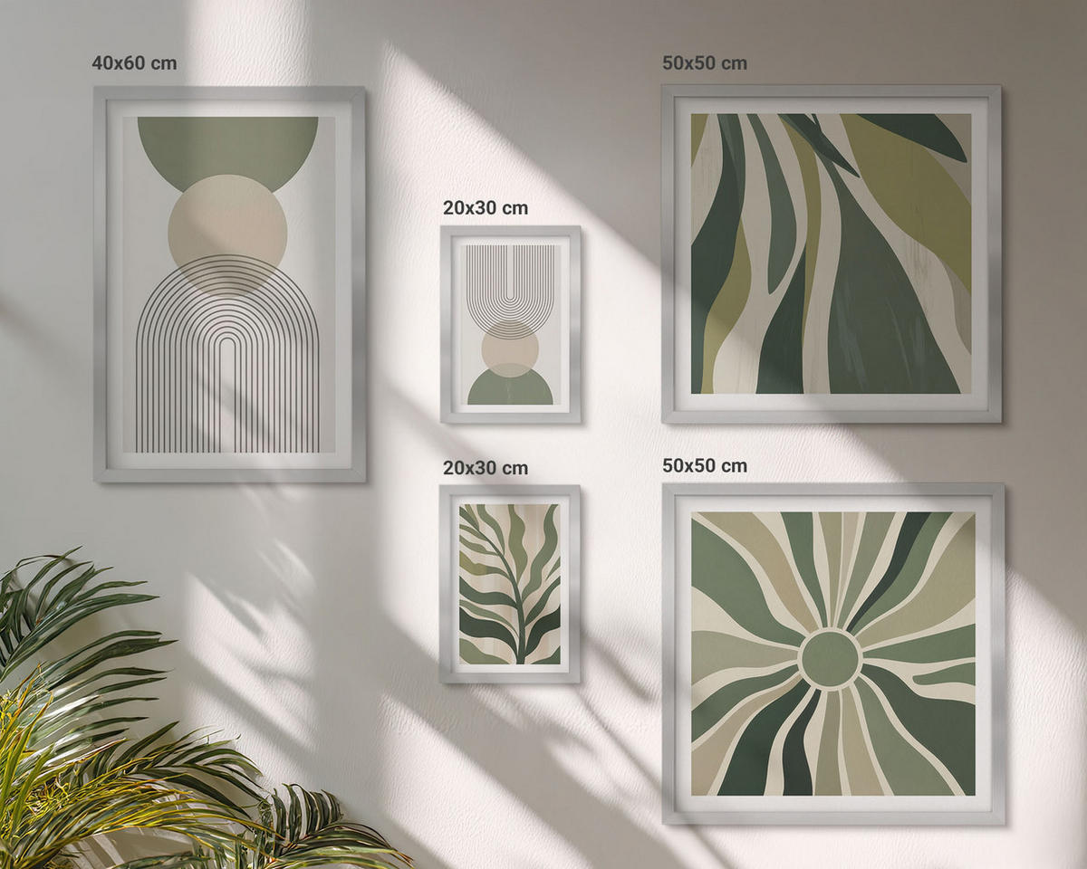 BILDER SET 5er Set - 50x50 cm & 20x30 cm & 40x60 cm Silberner Rahmen - Bemalte Blätter mit Grün - Silberfarben, Kunststoff (40/60cm) - TULUP