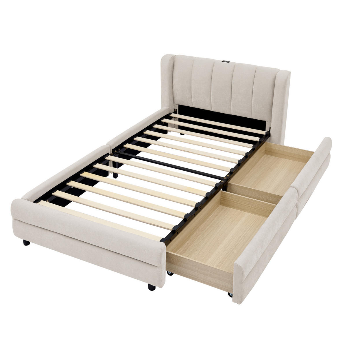 BETT mit Schubladen und USB 90x200 cm Chenille Beige - Beige, Holz (90/200cm) - Meubliv