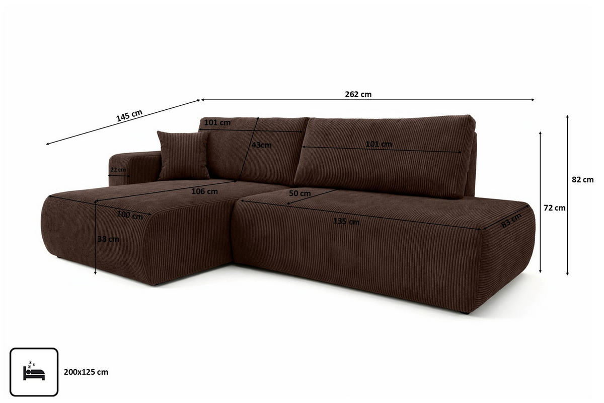 ECKSOFA Mit Schlaffunktion Und Bettkasten, Cordstoff Poso, Braun, Links, OPEN XL - Braun, Holz (262/145cm) - Kaiser Möbel