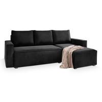 ECKSOFA SILES Schwarz Velours-Stoff mit Schlaffunktion - Schwarz, Holz (230/140cm) - MASSENO