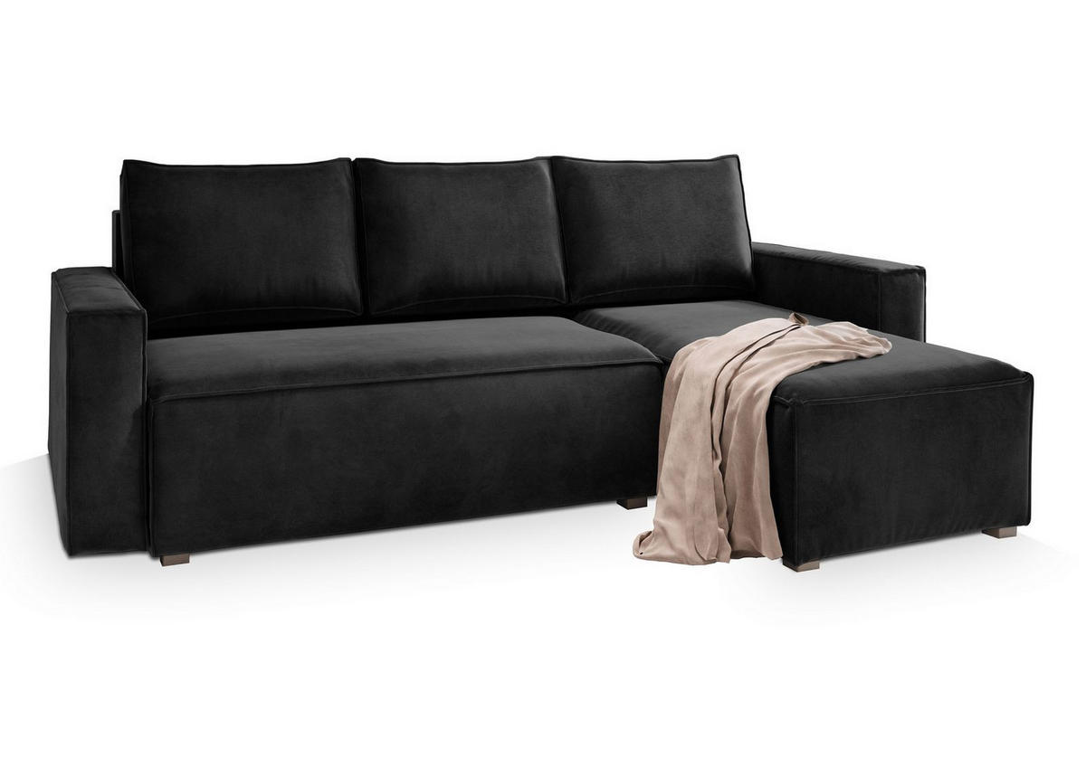 ECKSOFA SILES Schwarz Velours-Stoff mit Schlaffunktion - Schwarz, Holz (230/140cm) - MASSENO