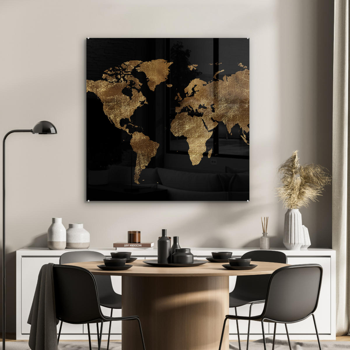 ACRYLGLASBILD Weltkarte - Gold - Luxus - Erde - Schwarz 90x90 cm - Goldfarben, Glas (90/90cm) - MuchoWow
