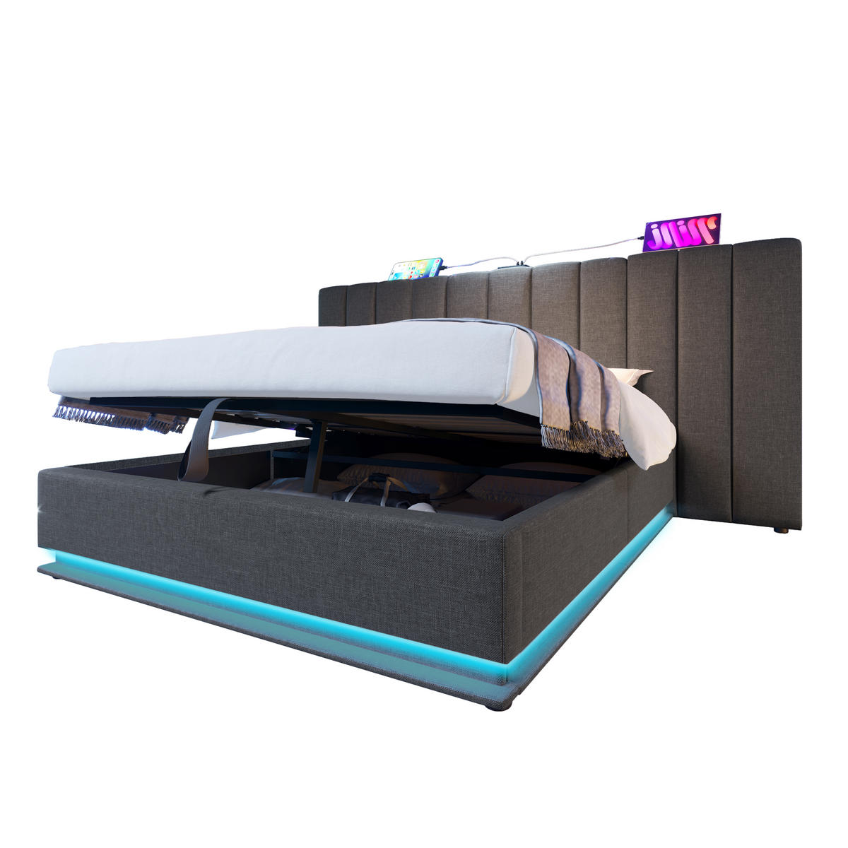 POLSTERBETT 160/200 cm Grau Stauraumbett mit App-Control LED und USB-C-Ladefunktion - Grau, Textil (160/200cm) - OKWISH