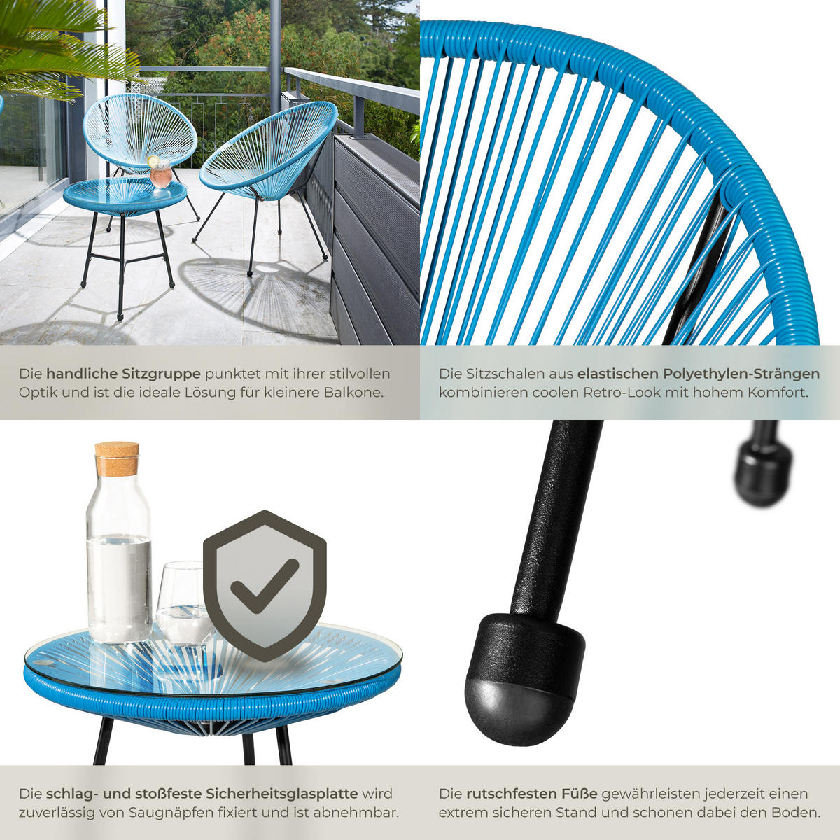 GARTENSTUHL 2er Set Santana mit Tisch, Belastbarkeit Stuhl 120 kg, blau - Blau, Kunststoff - tectake