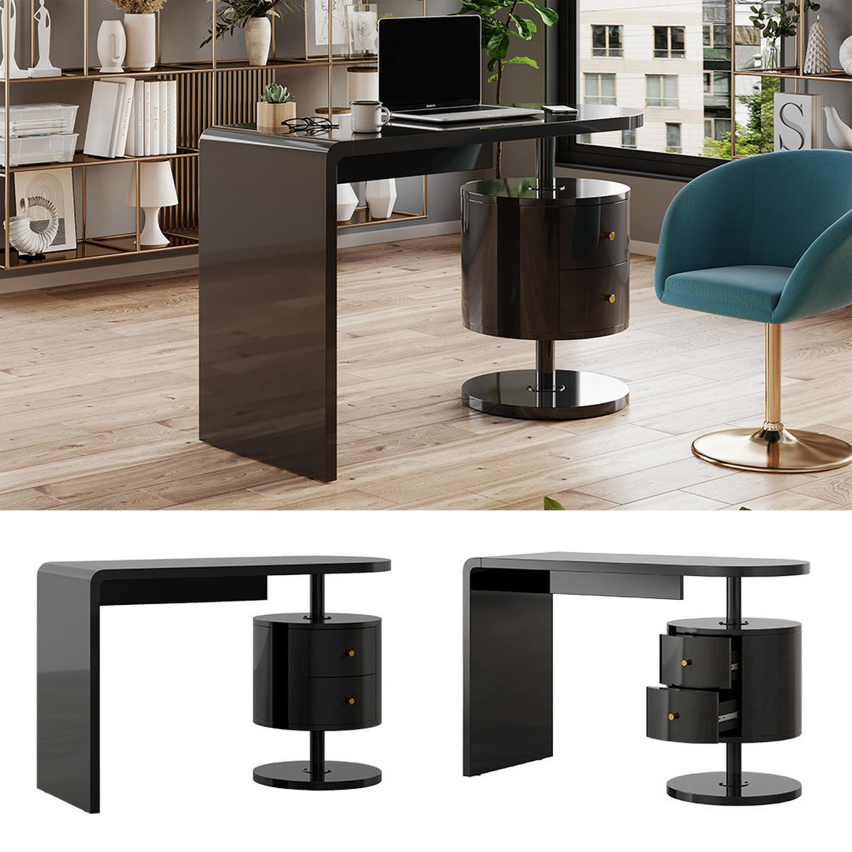 SCHREIBTISCH Lara Schwarz Hochglanz 120 x 50 cm mit 2 Schubladen - Schwarz Hochglanz, Holzwerkstoff (50/120/76cm) - Vicco