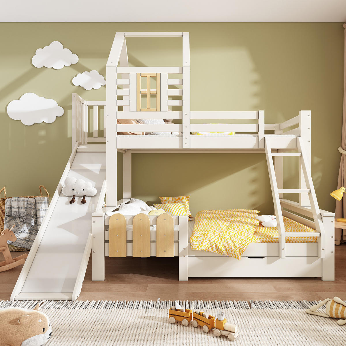 ETAGENBETT 90/140x200 cm in Weiß/Natur mit Rutsche, Schublade und Hausdesign - Weiß, Metall (90/200cm) - OKMYHOME