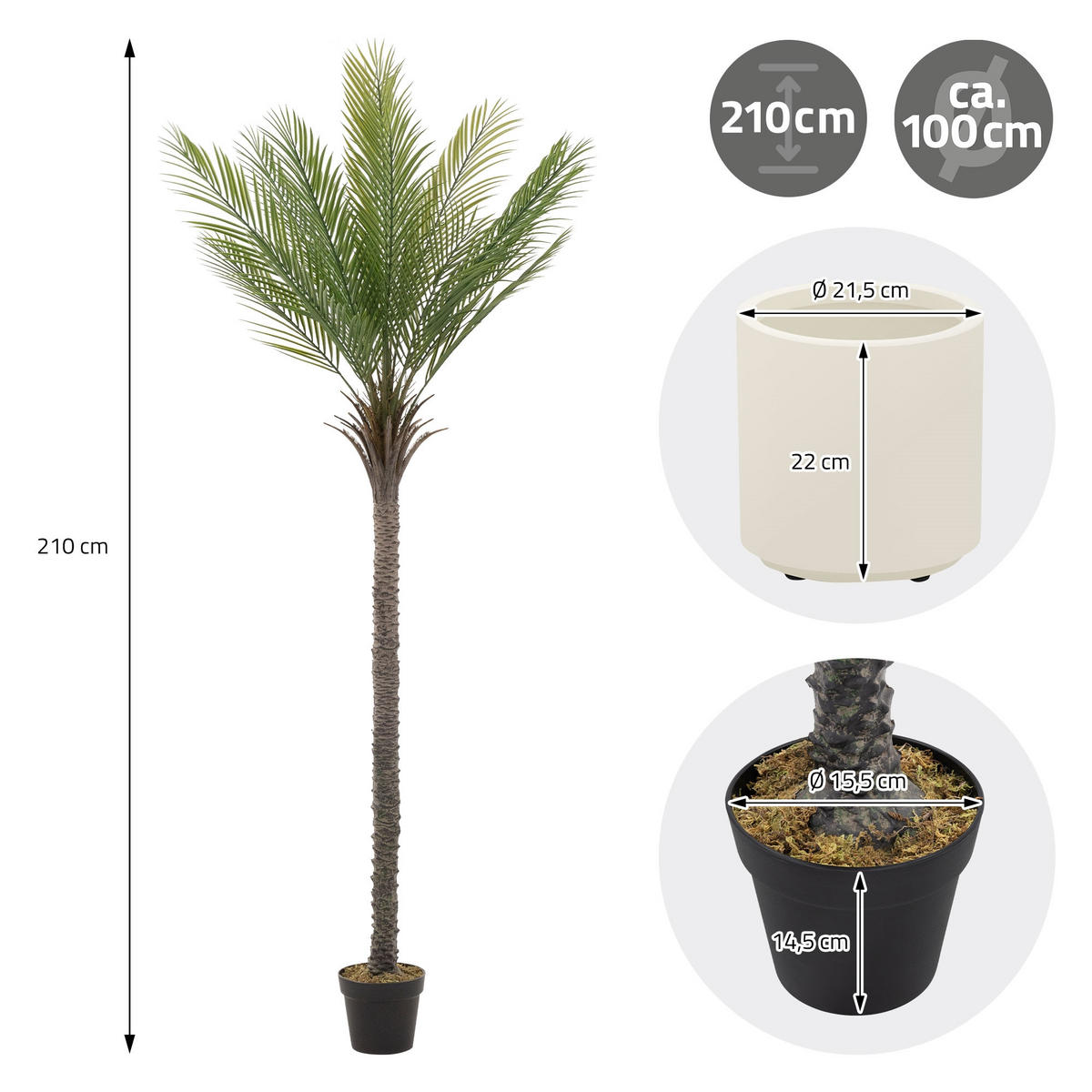 KUNSTPFLANZE Palme - Anthrazit/Grün, Holz/Kunststoff (210cm) - ML-DESIGN