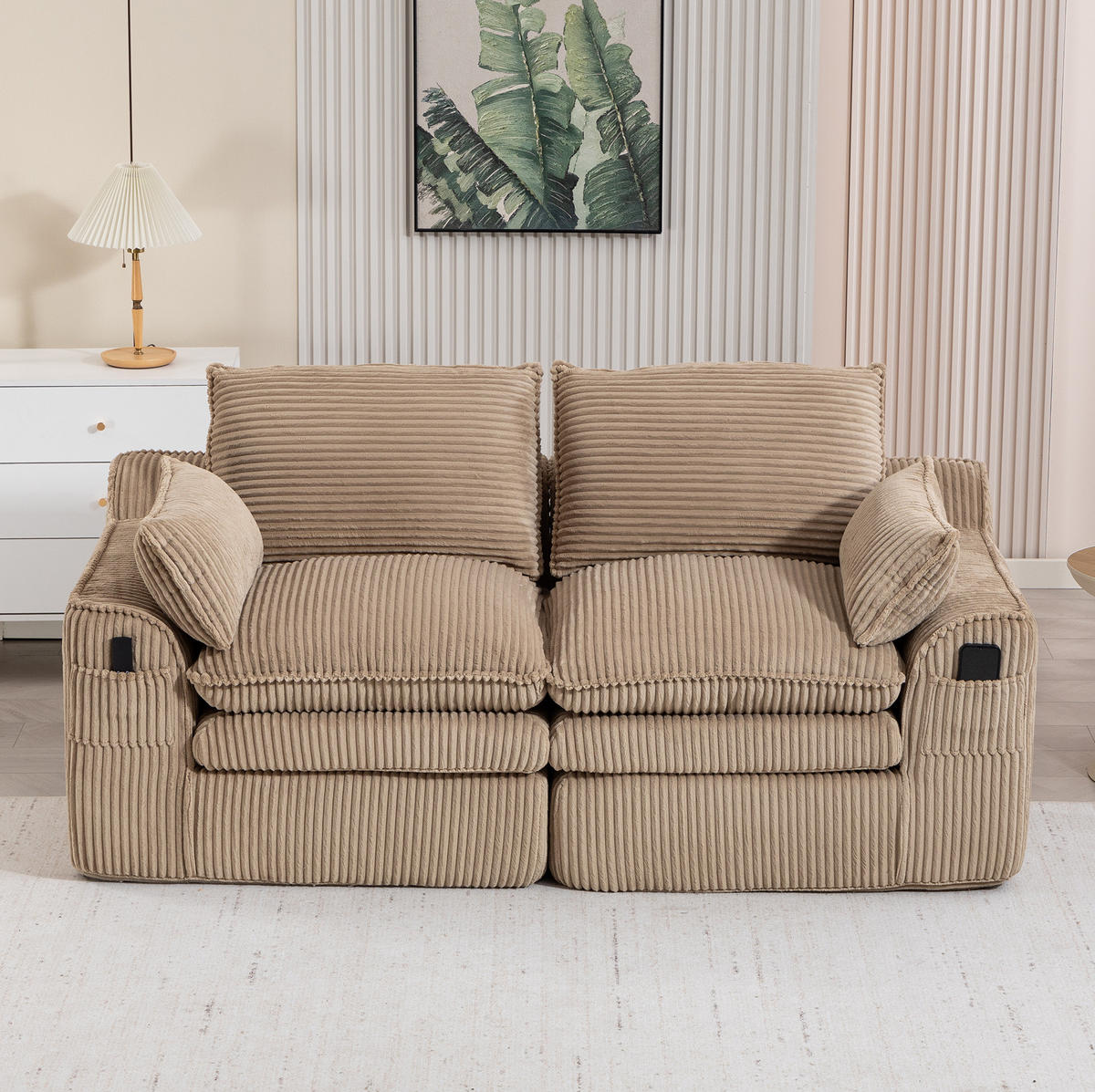 2-SITZER-SOFA 191/94/85 cm mit Seitentaschen, Kissen und Federkern, Khaki - Beige, Textil (191/85/94cm) - Redom