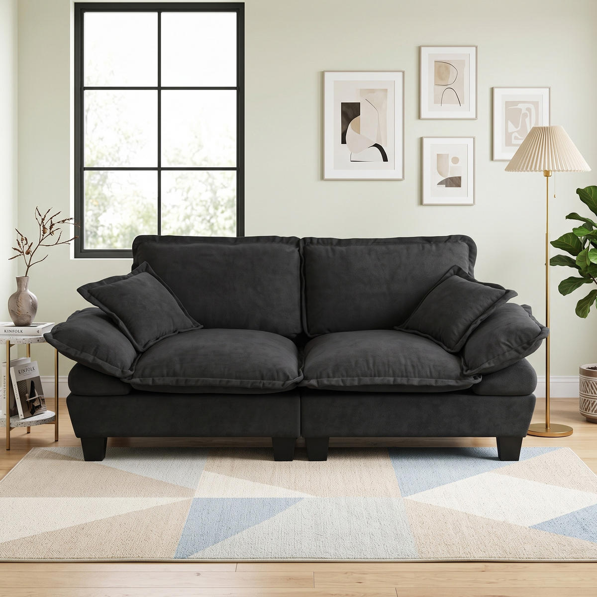 2-SITZER SOFA Chenille Schwarz Segelboot-Design, abnehmbare Armlehnen - Schwarz, Textil (194/90/82cm) - Urban Meuble