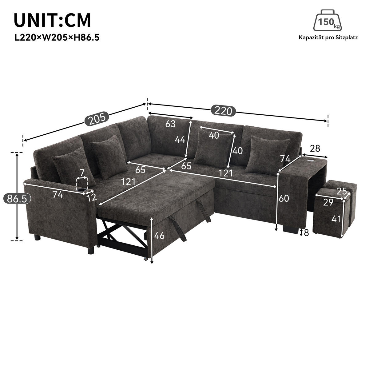 SCHLAFSOFA Grau L-Form USB Stauraum Getränkehalter Kissen - Grau, Textil (205/220cm) - FLIEKS