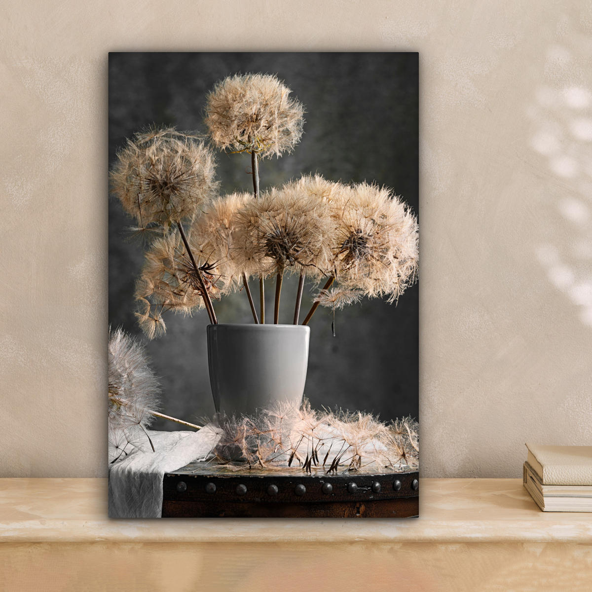 LEINWANDBILD Blumensamen - Löwenzahn - Vase - Stilleben - Blumenstrauß Deko Wohnzimmer 20x30 cm - Dunkelgrau, Textil (20/30cm) - MuchoWow
