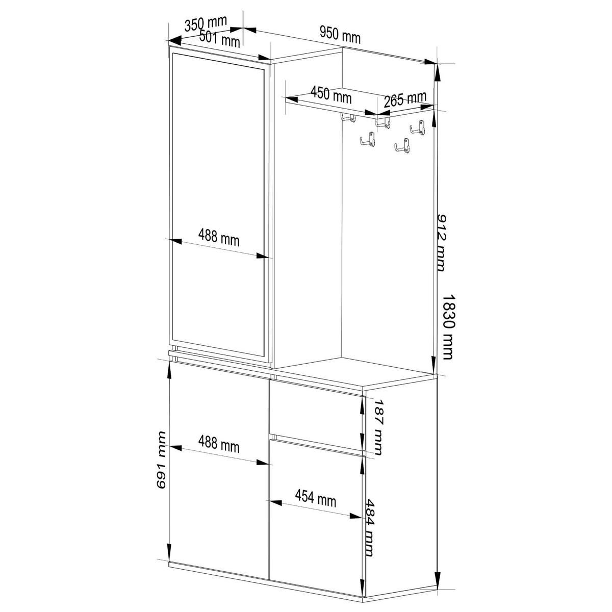 GARDEROBE Entro mit Spiegel, Schwarz/Craft-Eichenfarben, 95x183x35 cm - Eichefarben/Schwarz, Holzwerkstoff (95/183/35cm) - Akord