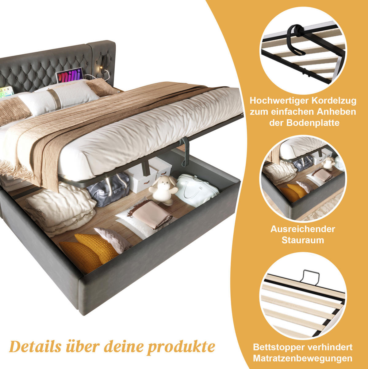 POLSTERBETT 160/200 cm aus Samt mit hydraulischem Bettkasten, 2 Nachttischen, Leselicht und USB/Type-C, und Matratze, Grau - Grau, Textil (160/200cm) - Redom