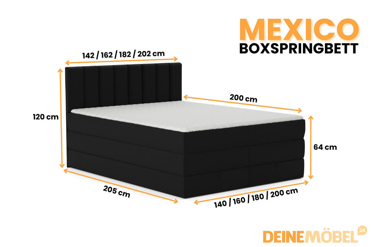 BOXBETT MEXICO 140/200 in Velours Schwarz mit Doppelmatratze - Schwarz, Holz/Holzwerkstoff (140/200cm) - Deine Möbel 24