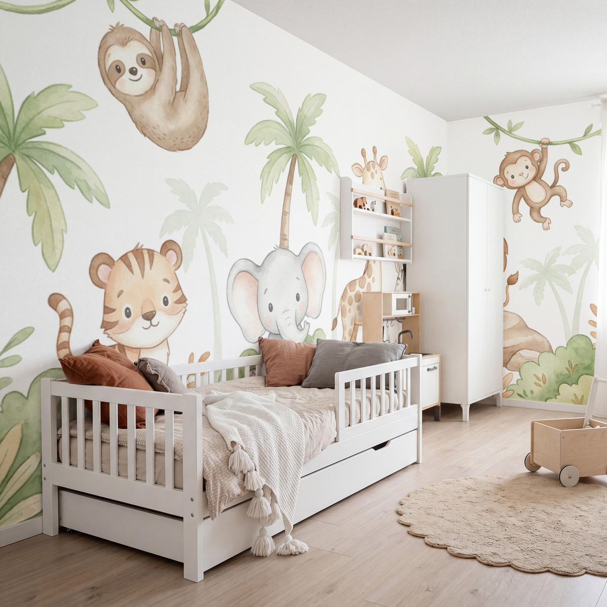 KINDERTAPETE - Tiere - Dschungel - Pastell - 500x220 cm - Weiß, Papier (500/220cm) - OnlyWow