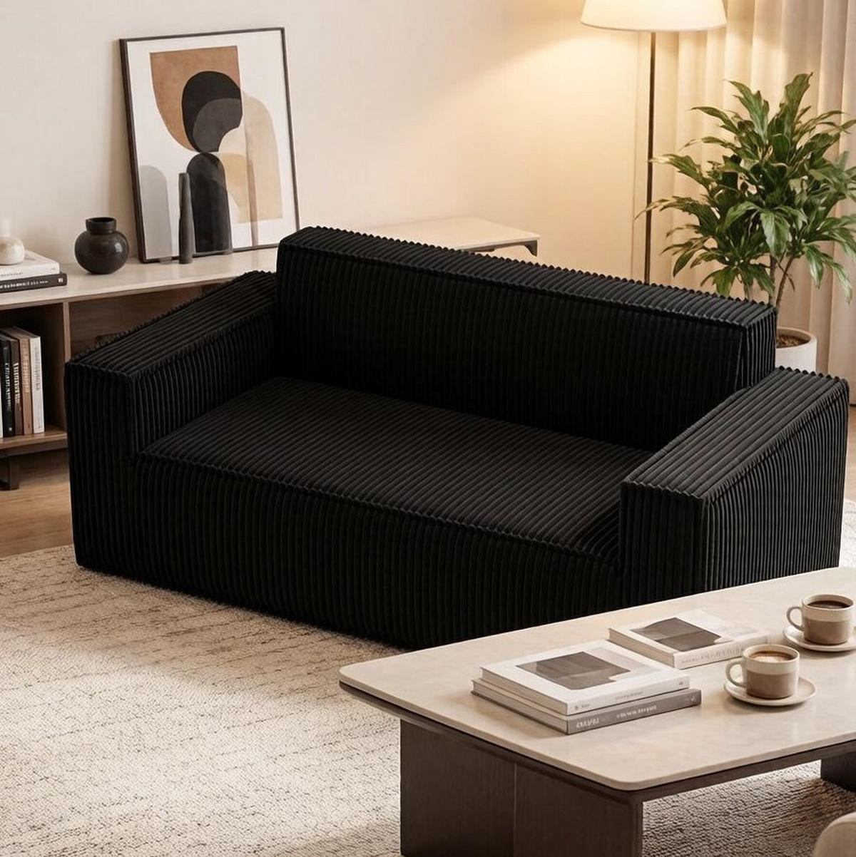 SOFA 2-Sitzer aus Cord mit tiefem Sitz Schwarz - Schwarz, Kunststoff (178/70/86cm) - Meubliv