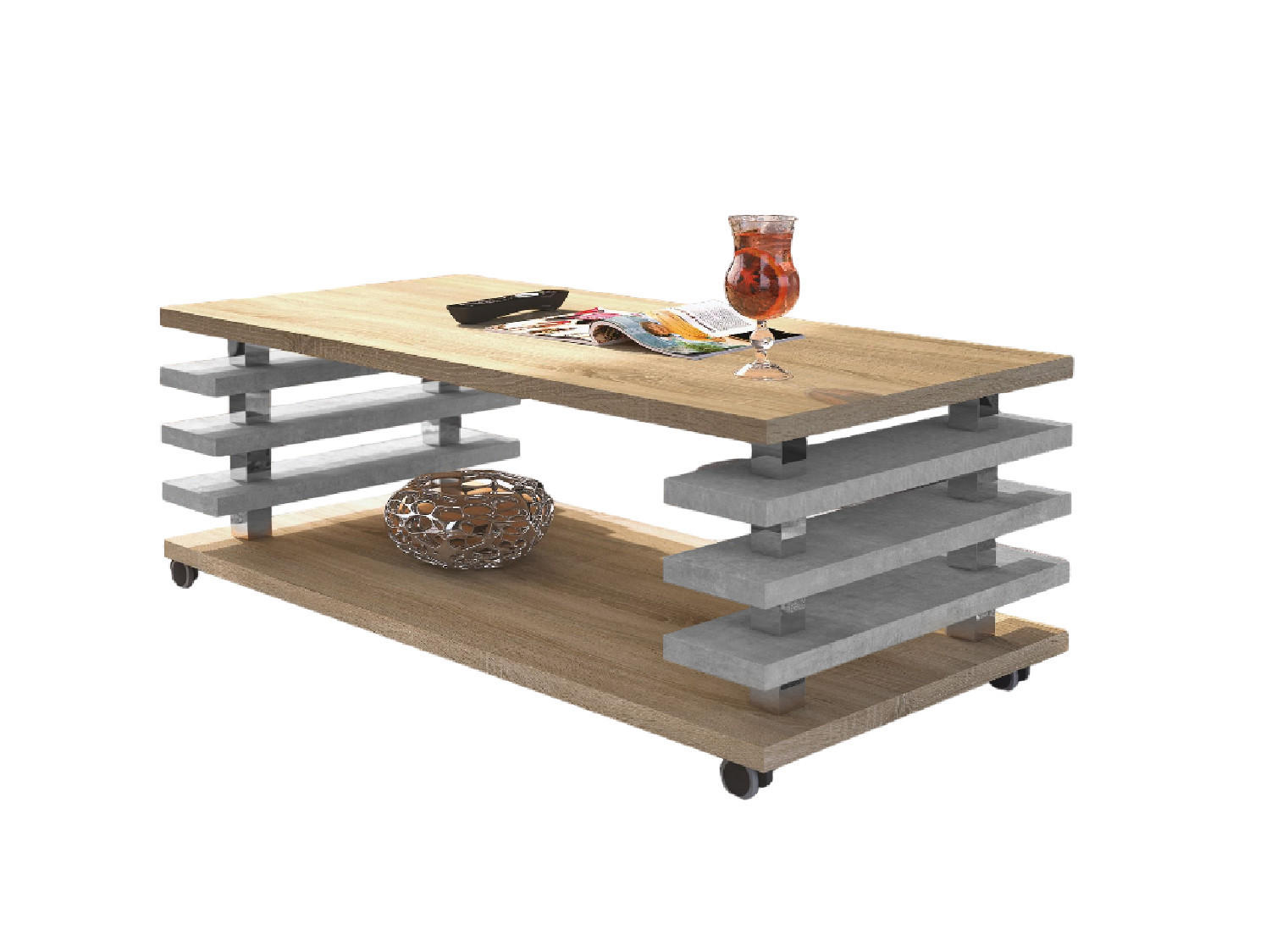 COUCHTISCH rechteckig Sonoma Eiche - Beton Ablage Rollen - Hellgrau/Sonoma Eiche, Holzwerkstoff (60/120/45cm) - designimpex